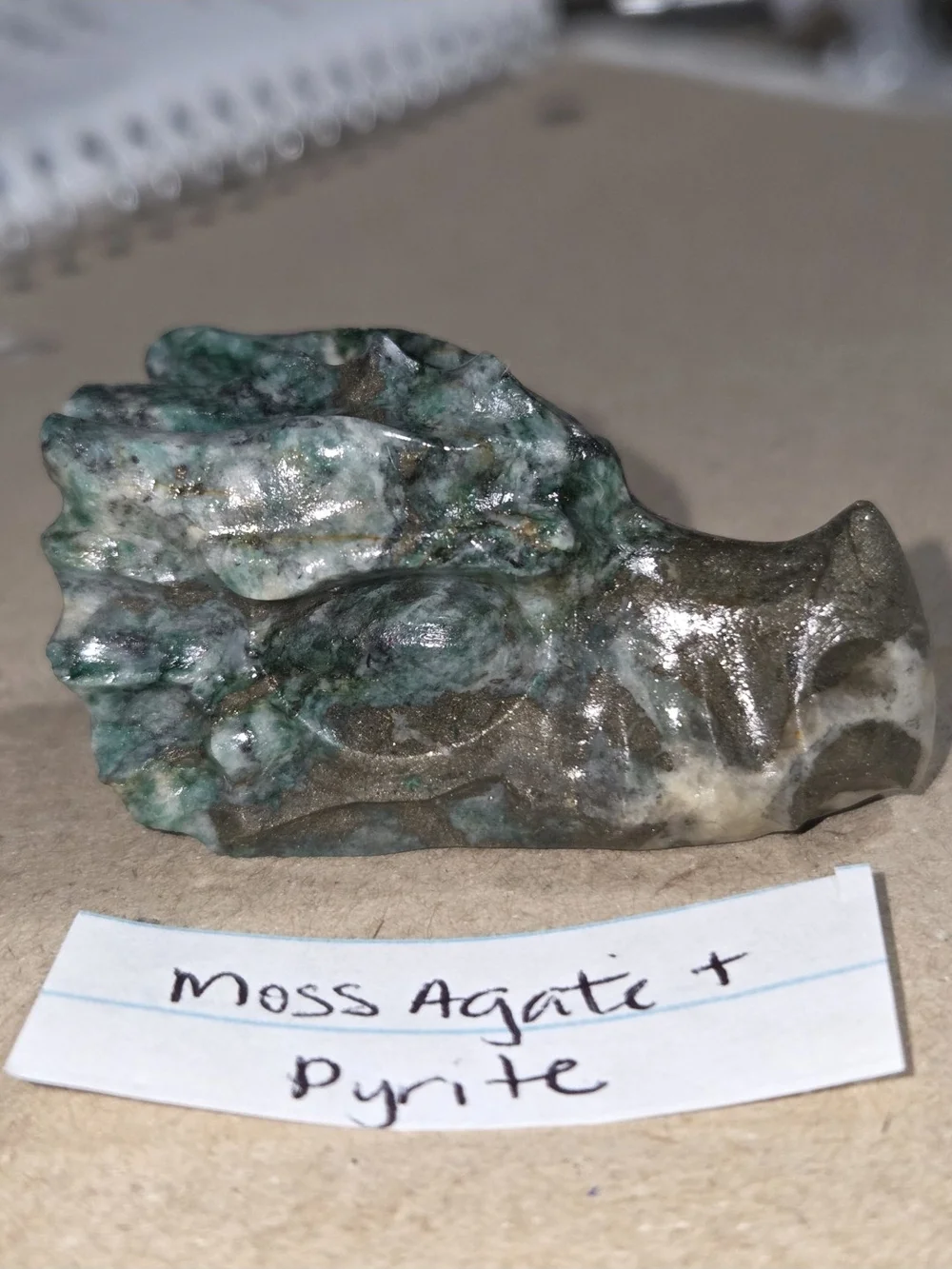 Detailed Moss Agate and Pyrite Crystal Carved Dragon Head Stone Sculpture Decor